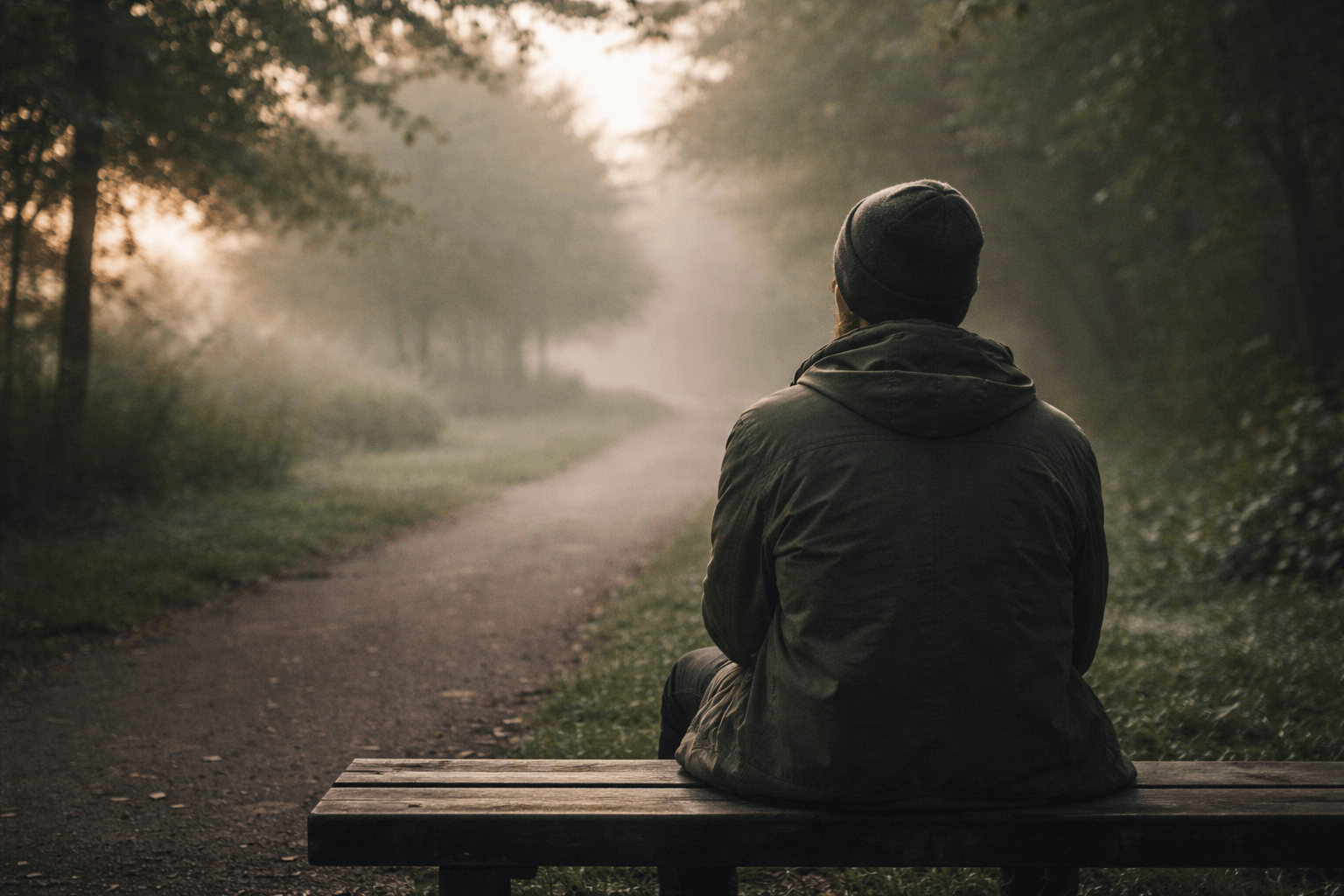 Person sitting alone on a quiet path in soft early morning light, looking ahead, calm and contemplative