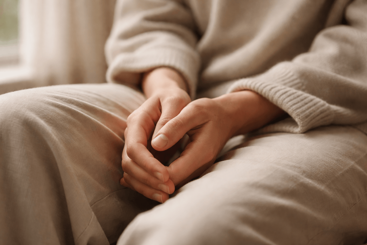 Person's hands resting in their lap in soft natural light, contemplative and still mood.