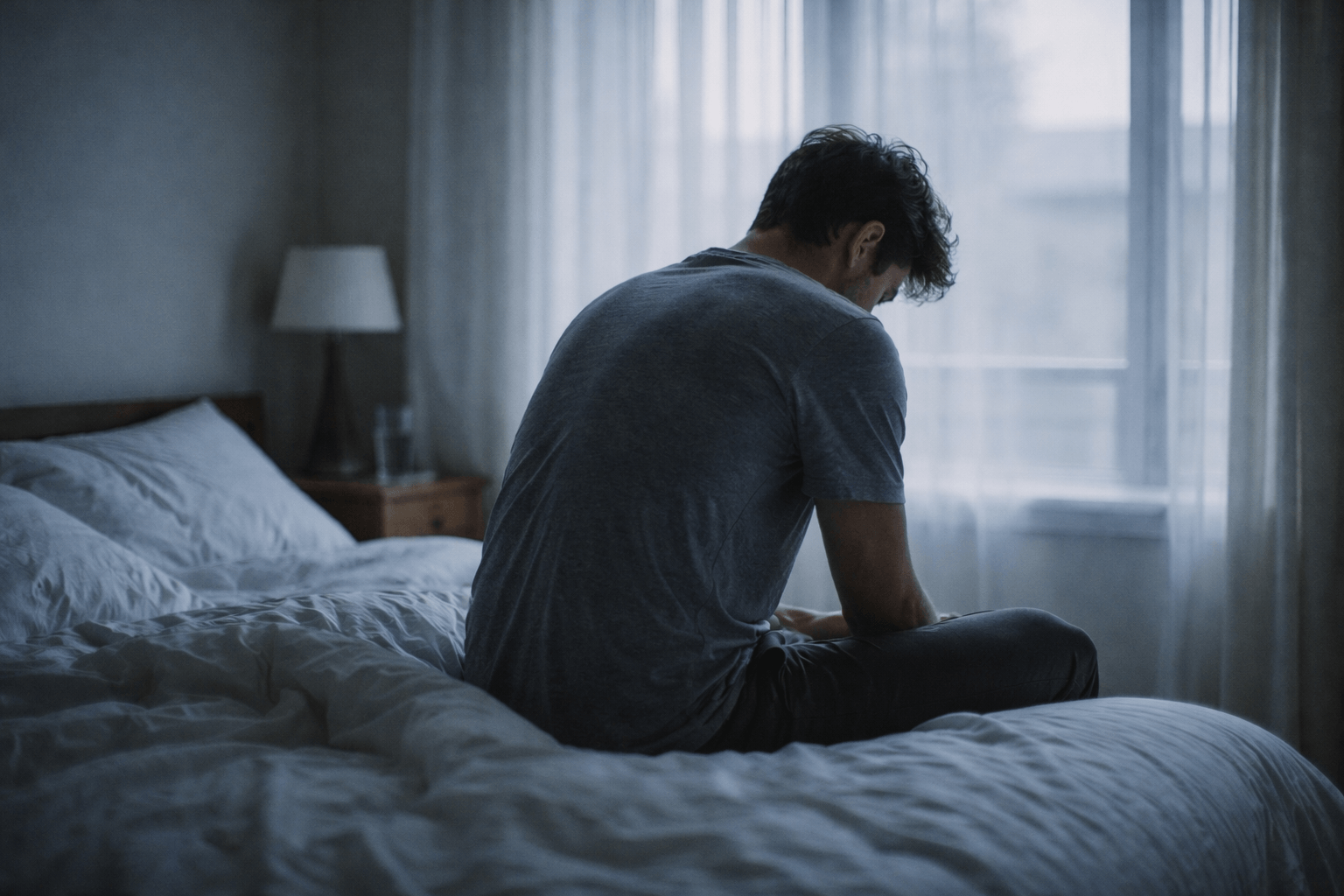 Person sitting on the edge of a bed in early morning grey light, head slightly bowed, soft and contemplative mood