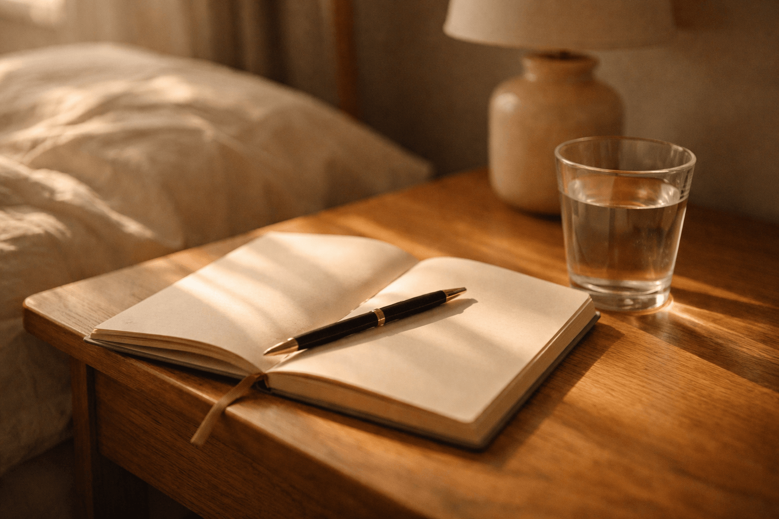 Open notebook on a bedside table in soft morning light, pen resting across the page, warm and unhurried mood